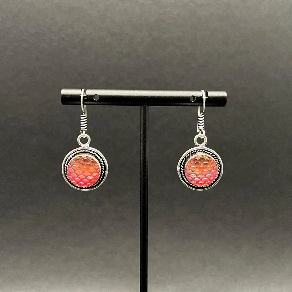 Mermaid‎ Earrings Silver Tone Pink Orange Iridescent Scales Festival